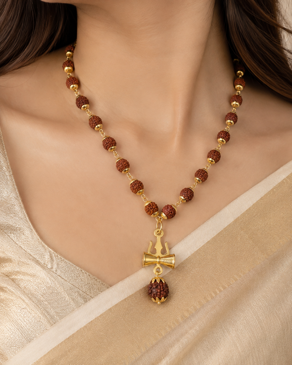 Rudraksha Trishul Damru Gold-Plated Spiritual Pendant Necklace