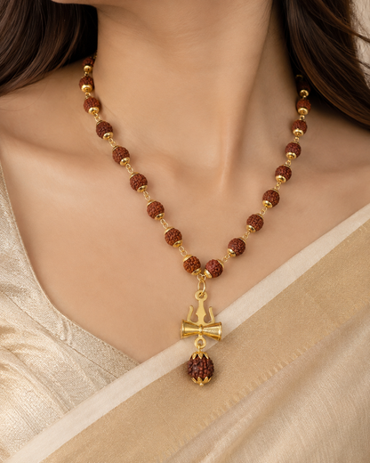Rudraksha Trishul Damru Gold-Plated Spiritual Pendant Necklace