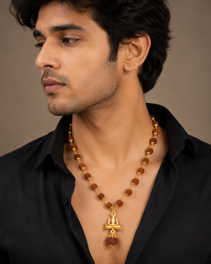 Rudraksha Trishul Damru Gold-Plated Spiritual Pendant Necklace