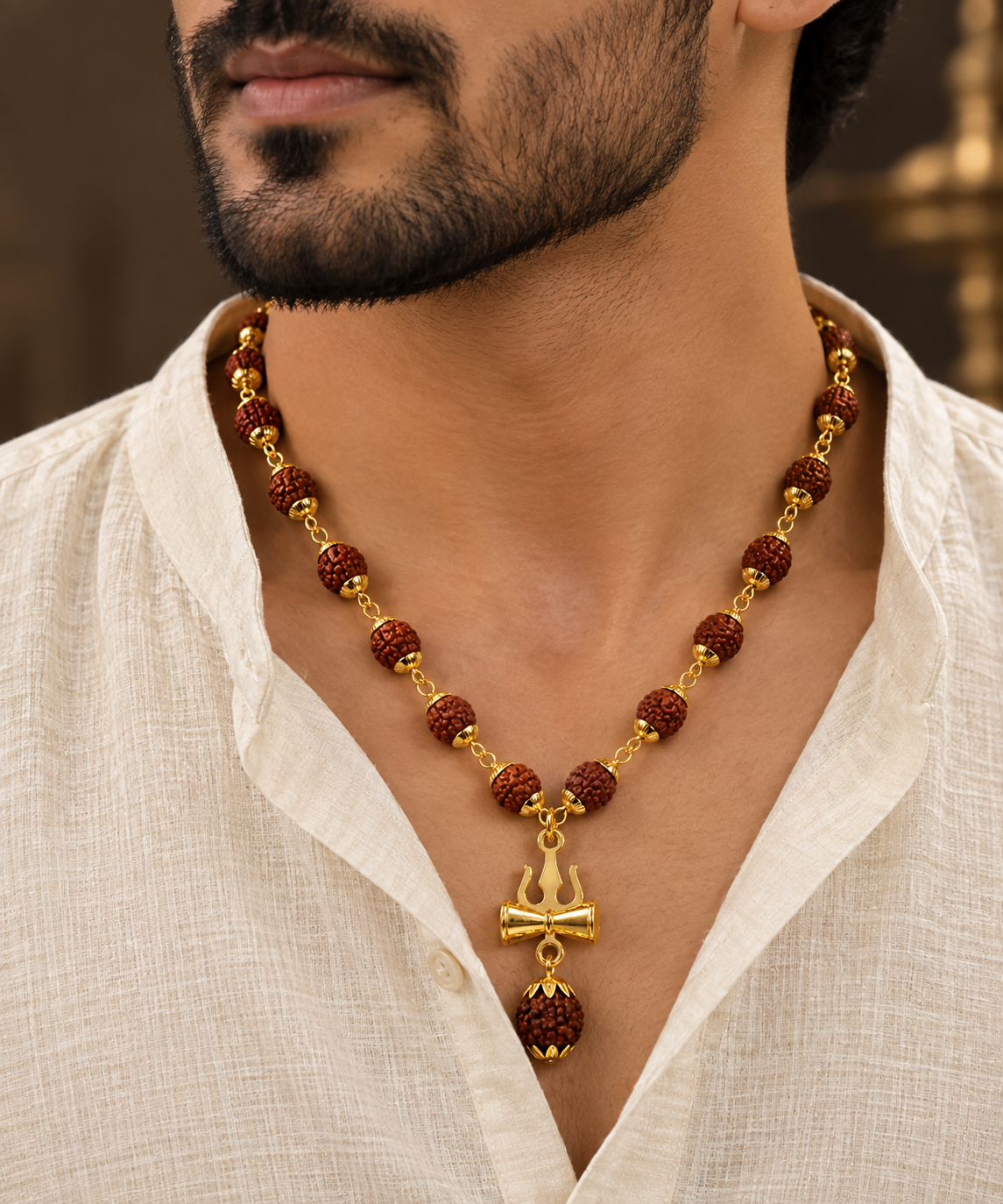 Rudraksha Trishul Damru Gold-Plated Spiritual Pendant Necklace