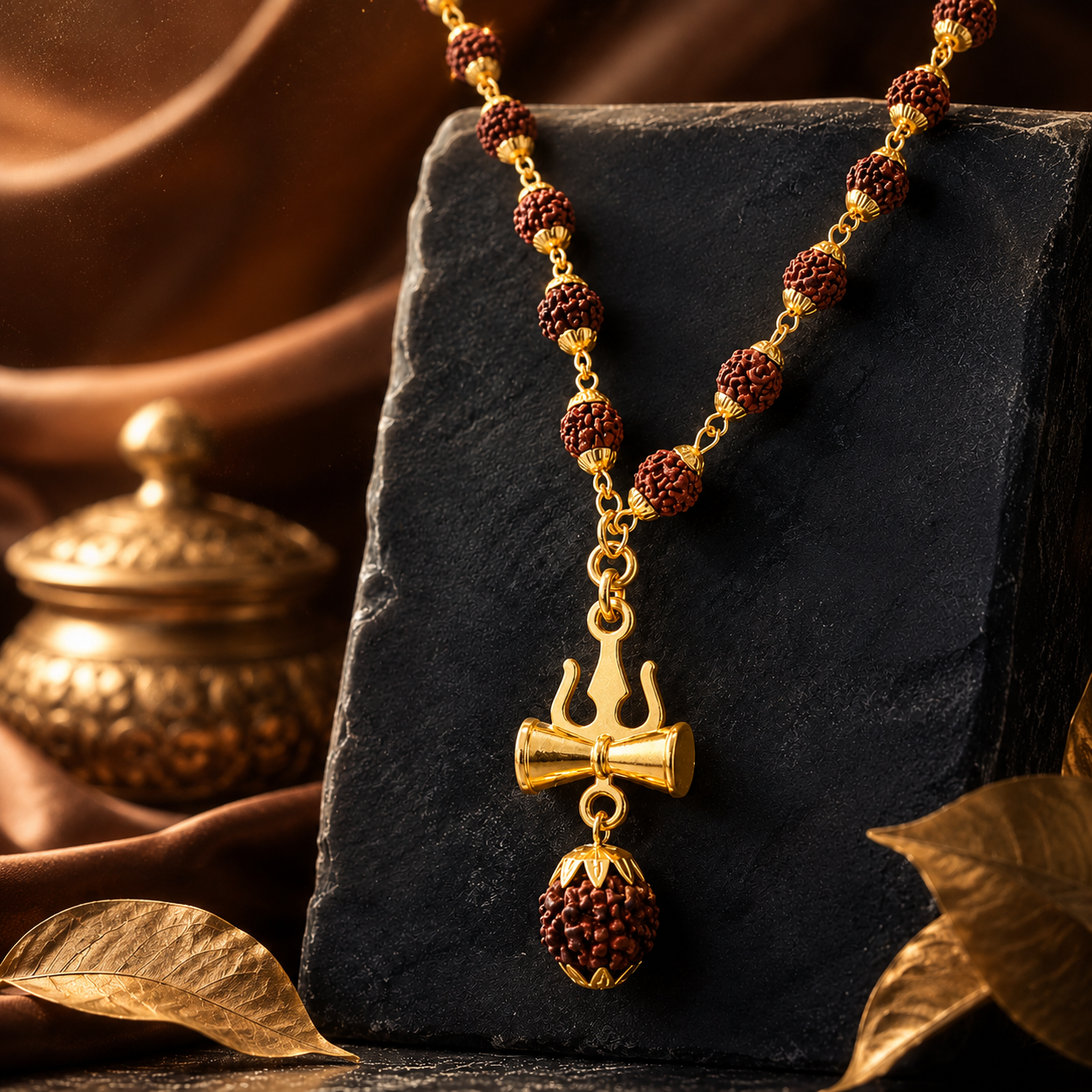 Rudraksha Trishul Damru Gold-Plated Spiritual Pendant Necklace