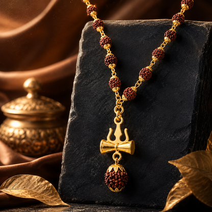 Rudraksha Trishul Damru Gold-Plated Spiritual Pendant Necklace