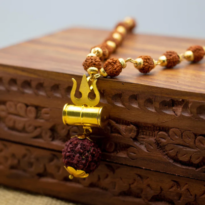 Rudraksha Trishul Damru Gold-Plated Spiritual Pendant Necklace