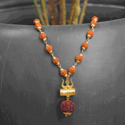 Rudraksha Trishul Damru Gold-Plated Spiritual Pendant Necklace