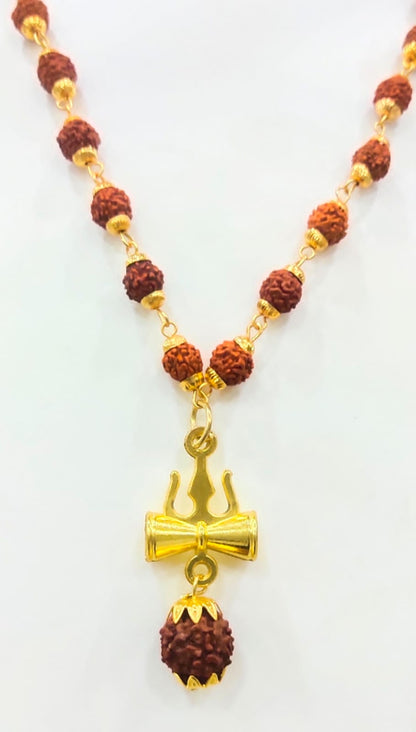 Rudraksha Trishul Damru Gold-Plated Spiritual Pendant Necklace