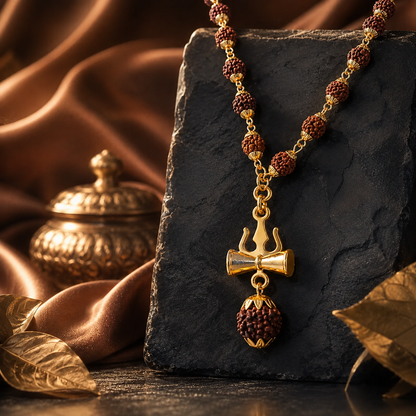 Rudraksha Trishul Damru Gold-Plated Spiritual Pendant Necklace