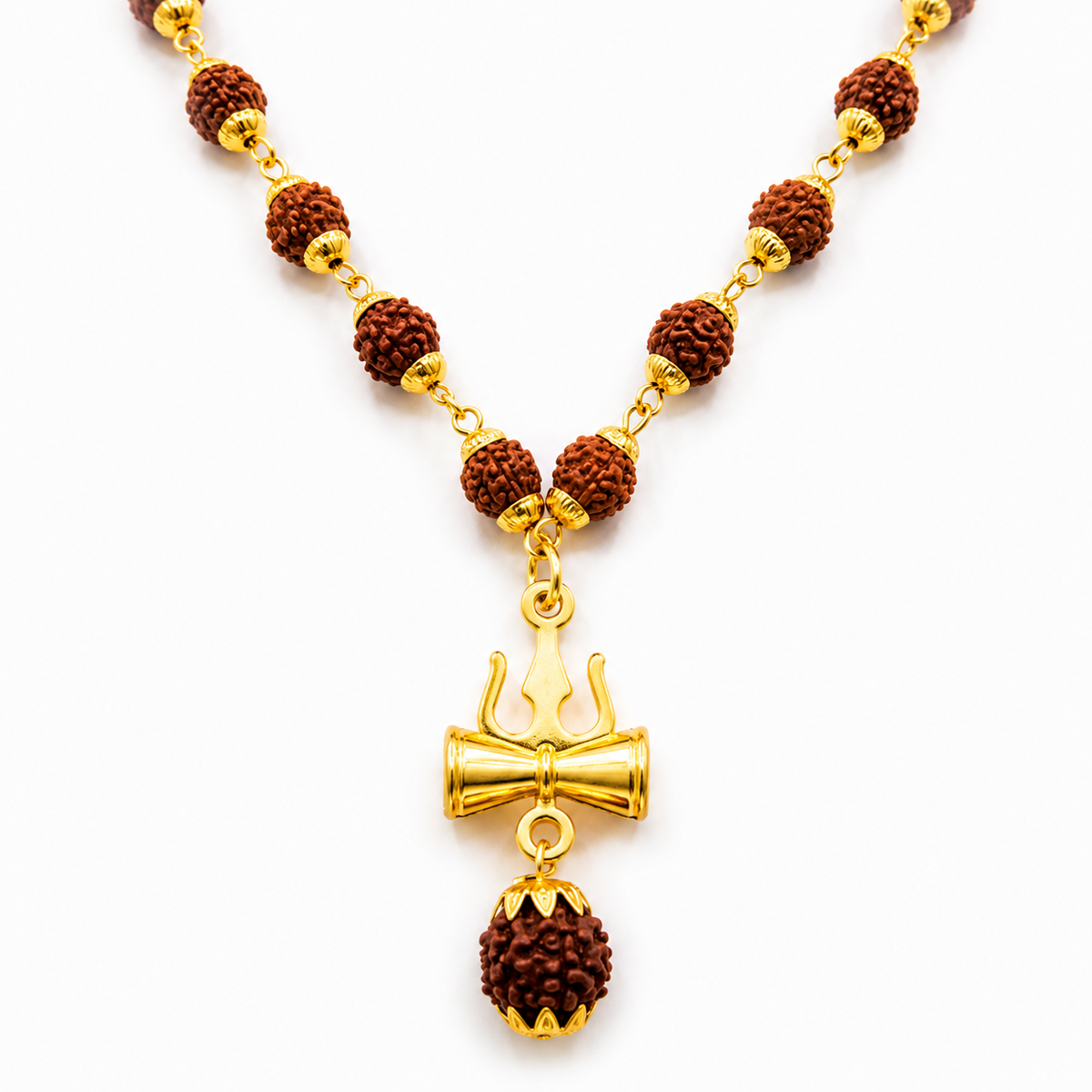 Rudraksha Trishul Damru Gold-Plated Spiritual Pendant Necklace