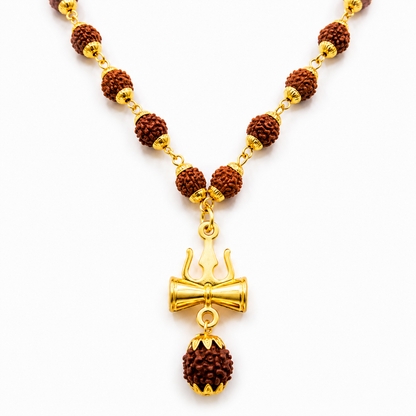 Rudraksha Trishul Damru Gold-Plated Spiritual Pendant Necklace