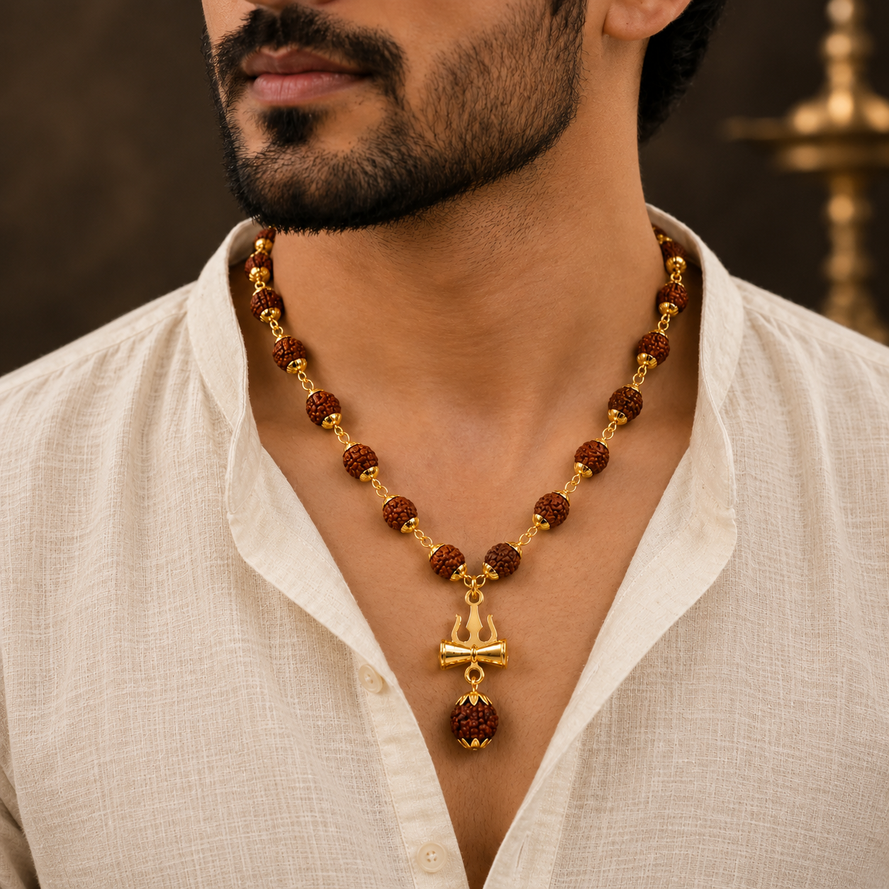 Rudraksha Trishul Damru Gold-Plated Spiritual Pendant Necklace