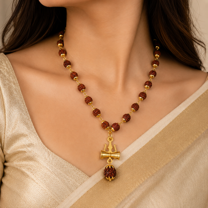 Rudraksha Trishul Damru Gold-Plated Spiritual Pendant Necklace
