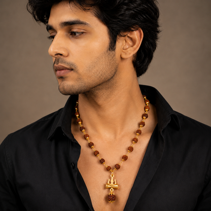 Rudraksha Trishul Damru Gold-Plated Spiritual Pendant Necklace